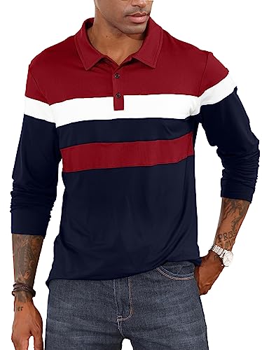 CTU Herren Polohemden Langarm Kontrastfarbiges Hemd Patchwork Hemd Golf Tennis Oberteile Marineblau, 3XL von CTU