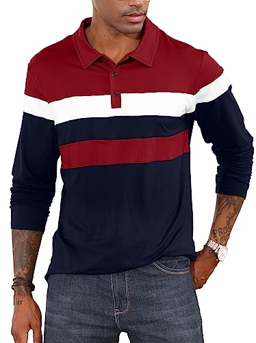 CTU Herren Polohemden Langarm Kontrastfarbiges Hemd Patchwork Hemd Golf Tennis Oberteile Marineblau, XXL von CTU
