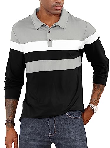 CTU Herren Polohemden Langarm Kontrastfarbiges Hemd Patchwork Hemd Golf Tennis Oberteile Schwarz, 3XL von CTU