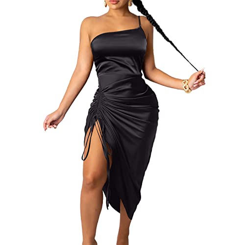 Damen Satin Kleid Spaghetti Träger Kordelzug Gerafft Cocktail Abend Party Nachtclub Kleider, schwarz, Klein von CTU