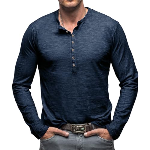 Henley Langarm T Shirt Herren Langarmshirt V Ausschnitt Vintage Slim Fit Hemd Langarm mit Knopfleiste Dunkelblau 3XL von CTU