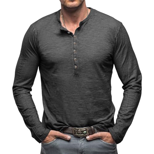 Henley Langarm T Shirt Herren Langarmshirt V Ausschnitt Vintage Slim Fit Hemd Langarm mit Knopfleiste Dunkelgrau L von CTU