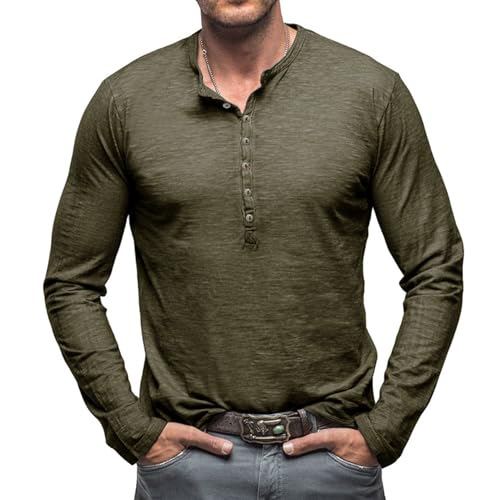 Henley Langarm T Shirt Herren Langarmshirt V Ausschnitt Vintage Slim Fit Hemd Langarm mit Knopfleiste Grün 3XL von CTU
