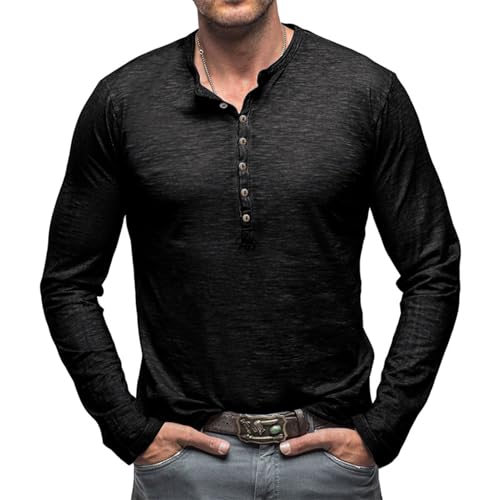 Henley Langarm T Shirt Herren Langarmshirt V Ausschnitt Vintage Slim Fit Hemd Langarm mit Knopfleiste Schwarz XL von CTU