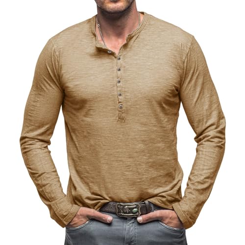Henley Langarm T Shirt Herren Langarmshirt V Ausschnitt Vintage Slim Fit Hemd Langarm mit Knopfleiste Khaki L von CTU