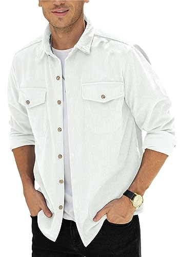 Herren Button-Down-Shirts Cordhemden Mantel Freizeithemd mit Brusttasche M-3XL, beige, M von CTU