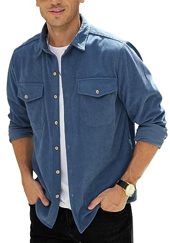 Herren Button-Down-Shirts Cordhemden Mantel Freizeithemd mit Brusttasche M-3XL, blau, M von CTU