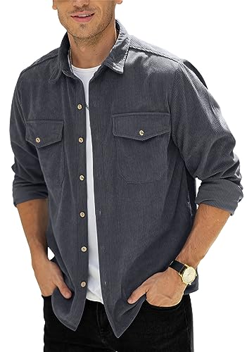 Herren Button-Down-Shirts Cordhemden Mantel Freizeithemd mit Brusttasche M-3XL, dunkelgrau, XL von CTU