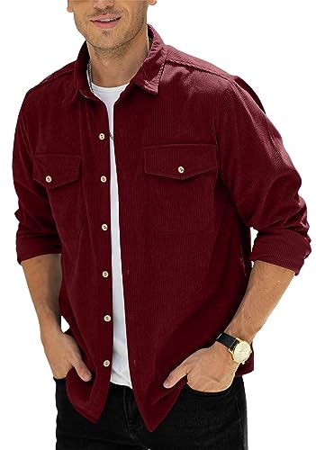 Herren Button-Down-Shirts Cordhemden Mantel Freizeithemd mit Brusttasche M-3XL, weinrot, XXL von CTU