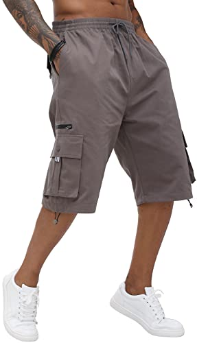 Herren Cargo-Shorts, Baumwolle, elastischer Bund, Caprihose, knielange Hose mit mehreren Taschen, grau, 56 von CTU