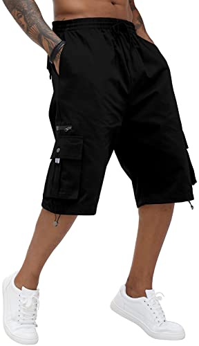 Herren Cargo-Shorts, Baumwolle, elastischer Bund, Caprihose, knielange Hose mit mehreren Taschen, Schwarz , L von CTU