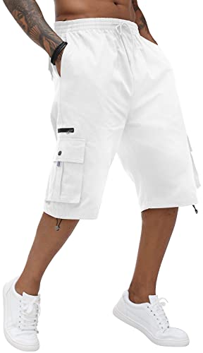 Herren Cargo-Shorts, Baumwolle, elastischer Bund, Caprihose, knielange Hose mit mehreren Taschen, weiß, XXL von CTU