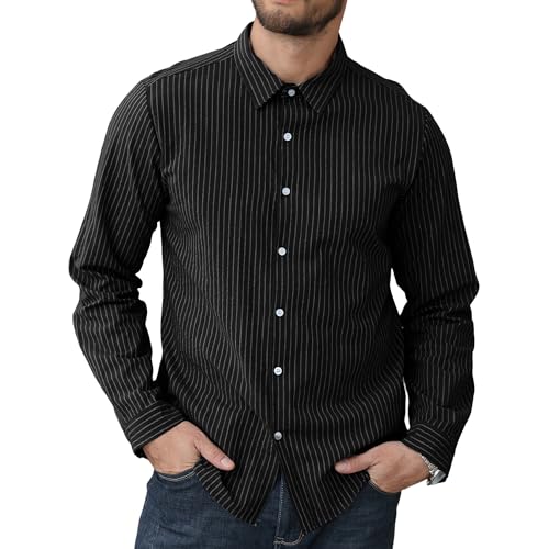 Herren Casual Baumwolle Leinen Hemd Langarm Gestreiftes Hemd Button Down Grandad Shirts M-3XL, Schwarz , XL von CTU