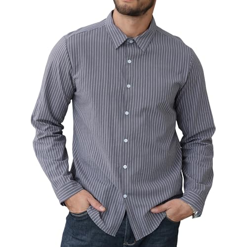 Herren Casual Baumwolle Leinen Hemd Langarm Gestreiftes Hemd Button Down Grandad Shirts M-3XL, grau, XL von CTU