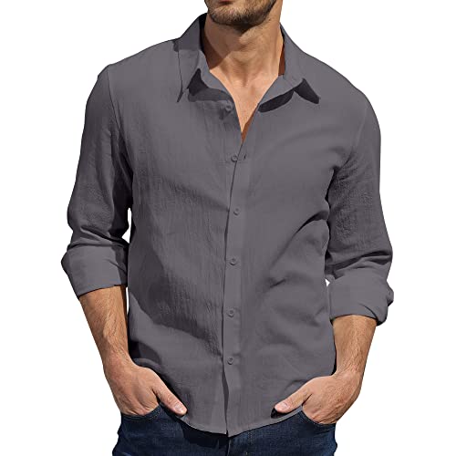 Herren Leinenhemd, lässig, Button-Down-Hemd, Hawaii-Strandhemd, S-3XL, Dunkelgrau, L von CTU