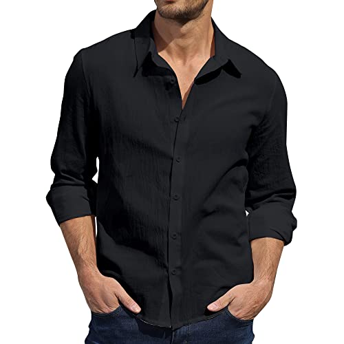 Herren Leinenhemd, lässig, Button-Down-Hemd, Hawaii-Strandhemd, S-3XL, Schwarz , M von CTU