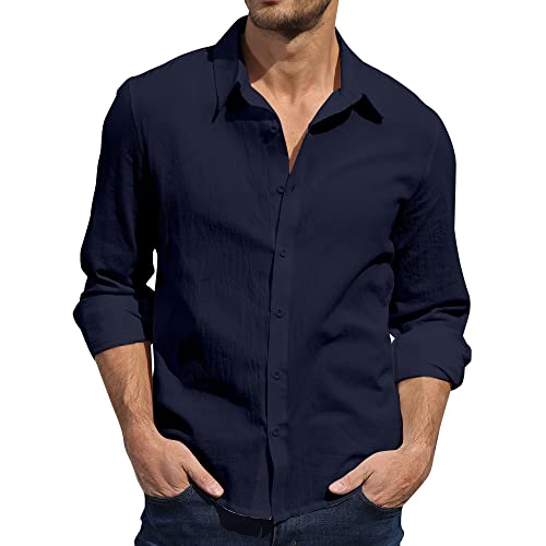 Herren Casual Leinen Shirts Button Down Hemd Hawaiian Strand Shirt S-3XL, navy, 3XL von CTU