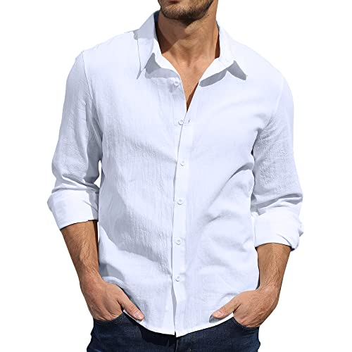 Herren Casual Leinen Shirts Button Down Hemd Hawaiian Strand Shirt S-3XL, weiß, L von CTU