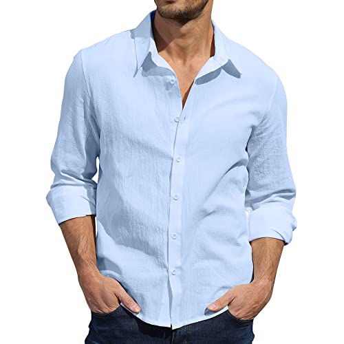 Herren Leinenhemd, lässig, Button-Down-Hemd, Hawaii-Strandhemd, S-3XL, blau, 3XL von CTU