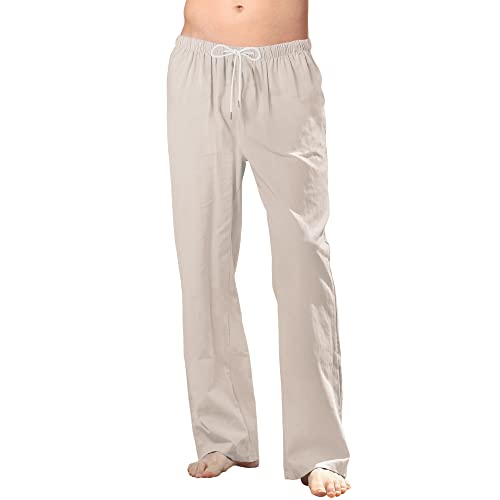 Herren-Leinenhose, lässig, leicht, elastisch, Sommer, Strand, lockere Hose, Größe S-3XL, beige, 56 von CTU