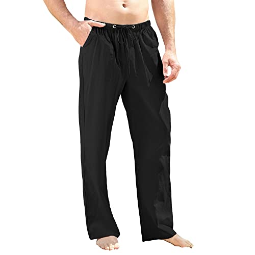 Herren-Leinenhose, leger, elastischer Bund, Sommer, Strand, locker, Yogahose, M-3XL, Schwarz , 36-41 von CTU