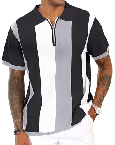 Herren-Polo-Shirts, Vintage-Stil, gestreift, Strickhemden, lässig, Golf-Shirts, grau, L Herren-Polo-Shirts, Vintage-Stil, gestreift, Strickhemden, lässig, Golf-Shirts, grau, L von CTU