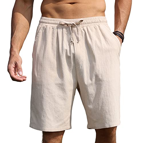 Herren Shorts Baumwolle Leinen Shorts Sommer Casual Jogger Shorts mit elastischen Taille Taschen M-3XL, beige, L von CTU