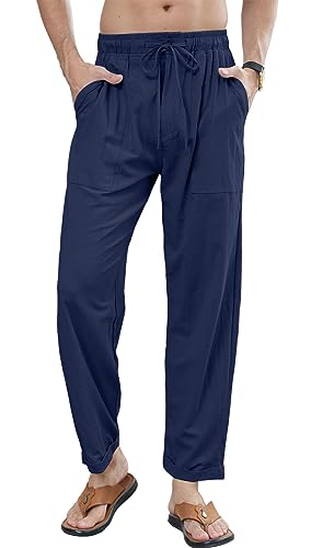 Herren Sommer Herbst Lose Lässige Baumwollhose Leinenhose mit Taschen Elastischer Bund Casual Strandhosen Leinen Hose Marineblau M von CTU