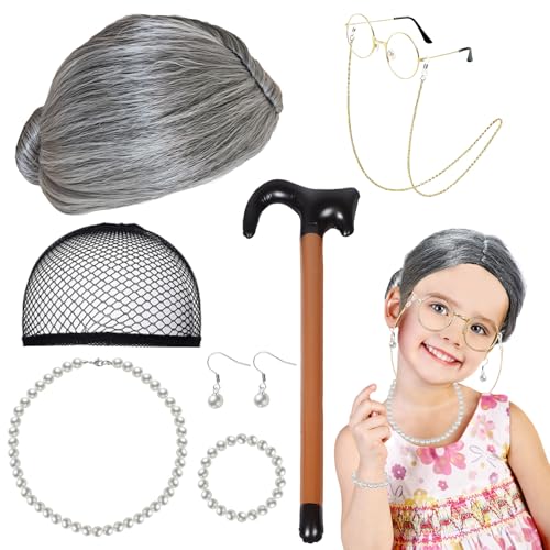 8 Stück Oma Kostüm,Oma Perücke Grau,Oma Brille mit Kette,Perlenkette,Ohrringe,Armband und Aufblasbarer Stock,Alte Dame Kostümzubehör,Kostüm Alte Frau für Karneval,Fasching, Weihnachten,Cosplay 8 Stück Oma Kostüm,Oma Perücke Grau,Oma Brille mit Kette,Perlenkette,Ohrringe,Armband und Aufblasbarer Stock,Alte Dame Kostümzubehör,Kostüm Alte Frau für Karneval,Fasching, Weihnachten,Cosplay von CTYUEYUN