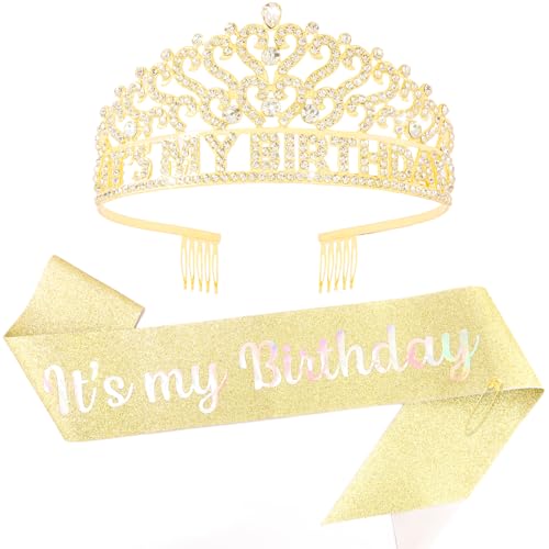 CUBACO Happy Birthday Tiara und Krone mit Schärpe It's my Birthday Tiara für Frauen Mädchen Zubehör für Frauen Strand Party Dekorationen Gold von CUBACO