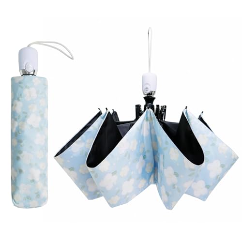 CUBY Sommer Kompakter Faltbarer Taschenschirme Regenschirm Sturmfest, Winddichter Regendicht UV Umbrella, Auto Öffnen/Schließen Faltschirm für Reisen Business(Blaue Blume) von CUBY
