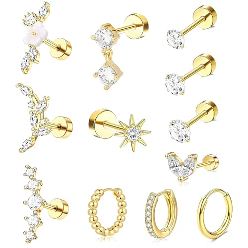 CUEMOON CUEMOON 12Pcs Piercings Chirurgenstahl Ohrringe, Ohrpiercing Ohrstecker Knorpel Set Helix Tragus Piercing Ohr Schmuck, Ohrstecker für Damen, gold von CUEMOON