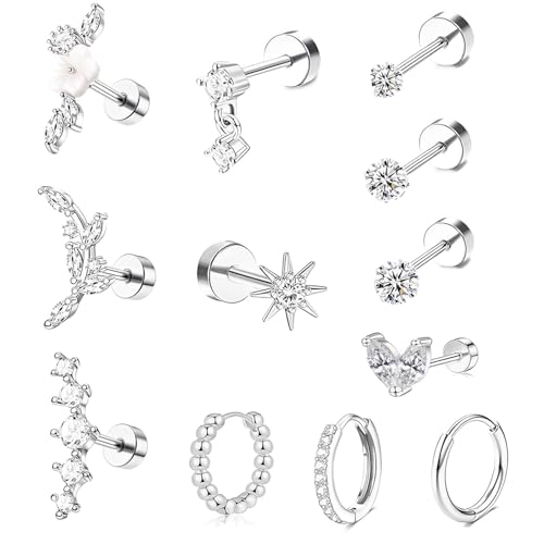 CUEMOON 12Pcs Piercings Chirurgenstahl Ohrringe, Ohrpiercing Ohrstecker Knorpel Set Helix Tragus Piercing Ohr Schmuck, Ohrstecker für Damen, silbrig von CUEMOON
