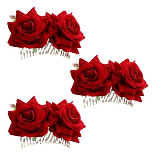 CUEMOON 3er Pack Rose Blume Haarspange Damen Rose Blume Haarschmuck Hochzeit Haarspange Flamenco Tänzerin Haarschmuck Rot von CUEMOON