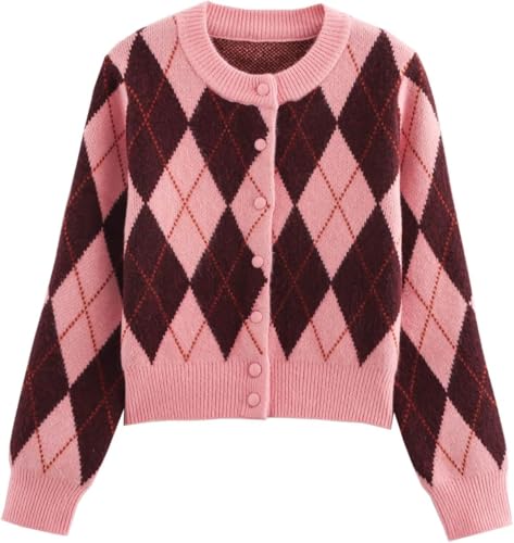 CUFEZN Damen Argyle-Cardigan mit langen Ärmeln, Knopfleiste, Farbblock-Strickjacke, Frühlingsstrick, Pink, Klein von CUFEZN