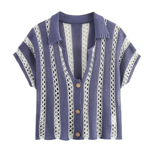 CUFEZN Damen Häkelshirt Trendy Gestreift Cropped Top Casual Kurzarm V-Ausschnitt Button-Down Hohl Sweater Cardigan, Blau, Large Kurze von CUFEZN