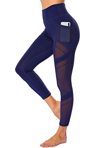 CUFFLLE Damen Mesh Hohe Taille Leggings Yogahose mit Taschen Bauchkontrolle Workout Yoga Leggings, dunkelblau, XL von CUFFLLE