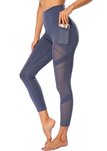 CUFFLLE Damen Mesh Hohe Taille Leggings Yogahose mit Taschen Bauchkontrolle Workout Yoga Leggings, dusty blue, M von CUFFLLE