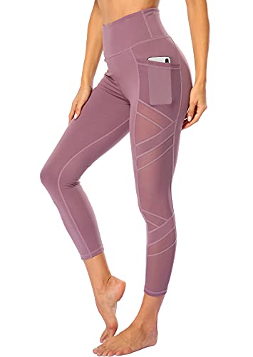 CUFFLLE Damen Mesh Hohe Taille Leggings Yogahose mit Taschen Bauchkontrolle Workout Yoga Leggings, rosa - dusty pink, M von CUFFLLE