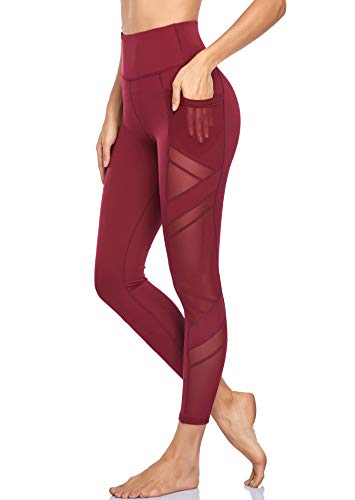 CUFFLLE Damen Mesh Hohe Taille Leggings Yogahose mit Taschen Bauchkontrolle Workout Yoga Leggings, weinrot, XS von CUFFLLE