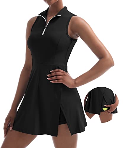 CUGOAO Damen-Tenniskleid, Golfkleid, Workout-Kleid mit Shorts und Taschen für ärmellose Sportkleider, Schwarz, Mittel von CUGOAO