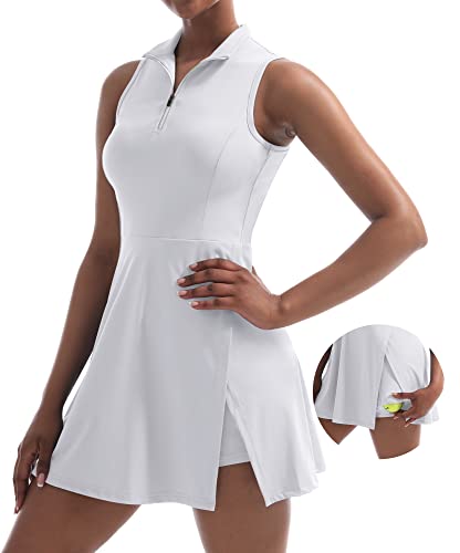 CUGOAO Damen-Tenniskleid, Golfkleid, Workout-Kleid mit Shorts und Taschen für ärmellose Sportkleider, Weiss/opulenter Garten, X-Groß von CUGOAO