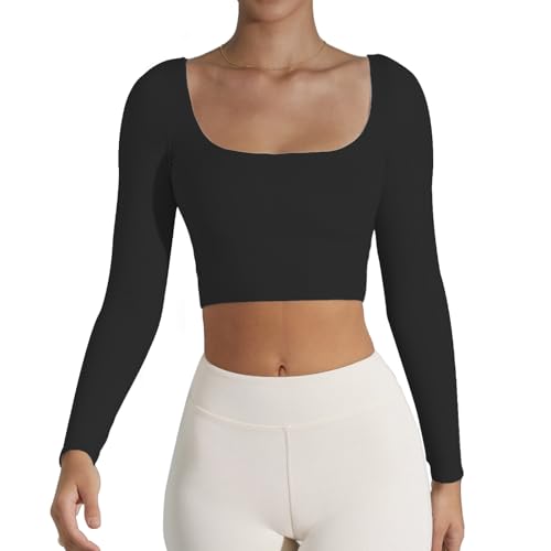 CUHUDA Damen Basic Langarm Square Neck Crop Top Double Lined Slim Fit Oberteile T-Shirt, Schwarz, Mittel von CUHUDA