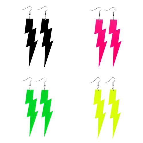 Blitz Ohrringe für 80s, 4 Paar Blitz Neon Ohrringe, Neon Ohrringe Damen 80er 90er Jahre Accessoires Vintage Neon Blitz Tropfen Ohrringe Vintage Acryl Ohrringe für 80er Party Halloween Kostüm Zubehör von CUHZA