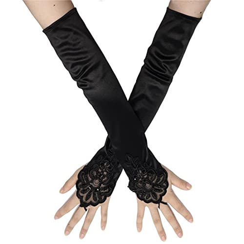 CUHZA 1 Paar Abendhandschuh Damen Handschuhe Classic Opera Fest Party Handschuhe 1920er Stil Satin Handschuhe Lang (Schwarz) von CUHZA