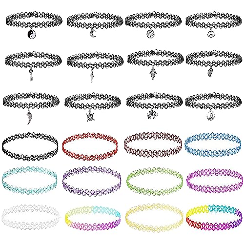 CUHZA 24 Stück Elastische Halskette,Stretch Tattoo Choker Kette Rainbow Armband Vintage Gummi Tattoo Halskette Henna Halsband für Mädchen Frauen Teen Mädchen Kinder von CUHZA