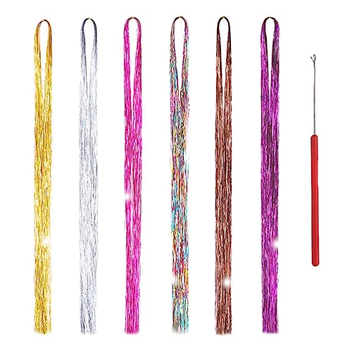 CUHZA Farbige Haarverlängerung, 6 Stück Glitzer Haarsträhnen, Bunte Haarsträhnen, 90cm Bunte Haarteile, Bunte Haarverlängerung Mit 1 Häkelnadel für Frauen/Mädchen Party Festival Deko, 6 Farben von CUHZA