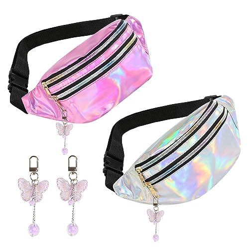 2 Stück Bauchtasche Silber Metallic Mit Schmetterling Deko - 80er Jahre Damen Kinder Gürteltasche Glitzer Tasche (Silber + Rosa) von CUINIUNAID