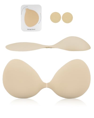 CUKIN Silikon Klebe BH Damen - Trägerloser Unsichtbarer BH für rückenfreie Kleidung,mit Nipple Covers (C Cup, Beige) von CUKIN