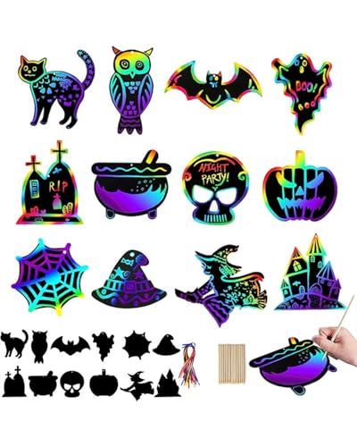 CULEB 12 Blätter Halloween Kratzbilder,Kratzmalerei Scratch Art Kits,Magische Regenbogen-Rubbelkarten mit Holzstift und Farbigen Band,für Kinder Allerheiligenfest Party Deko DIY Handwerk von CULEB